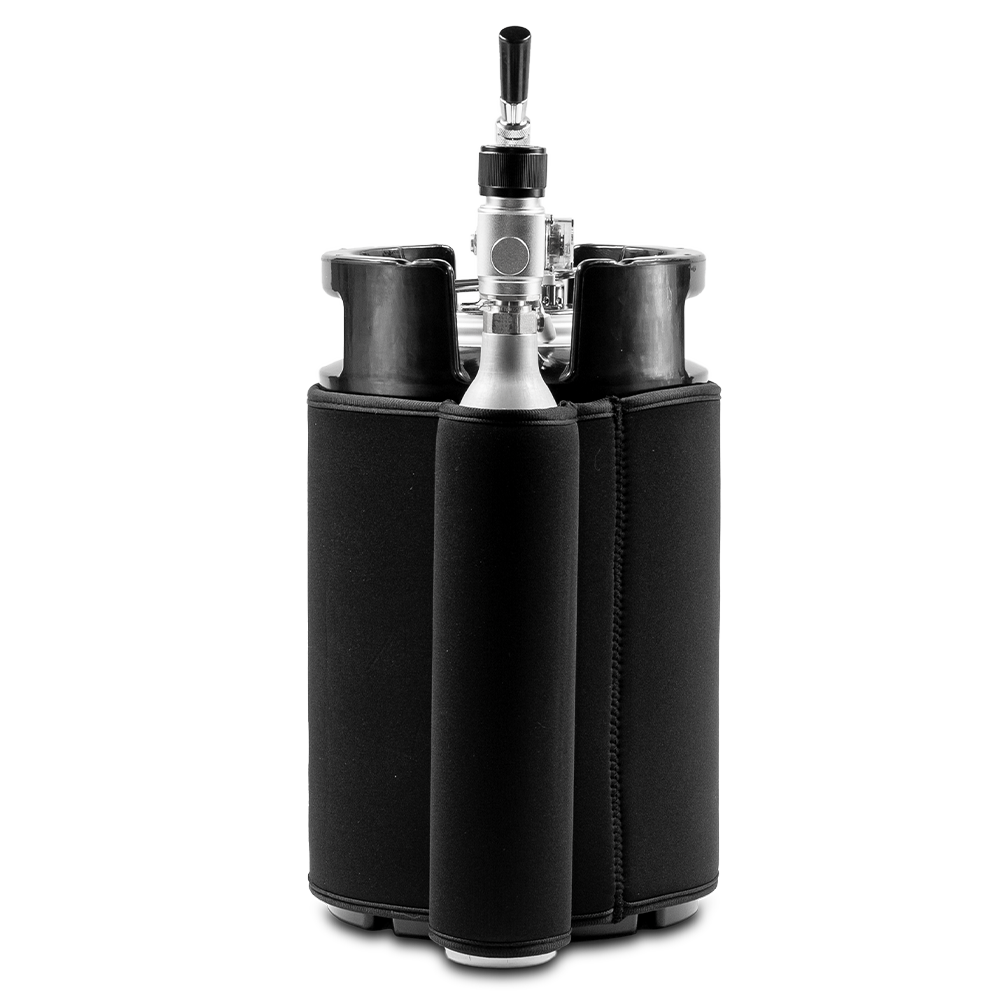 Backside of Big G 10L Gloria Keg showing regulator and co2 in pocket with a white background