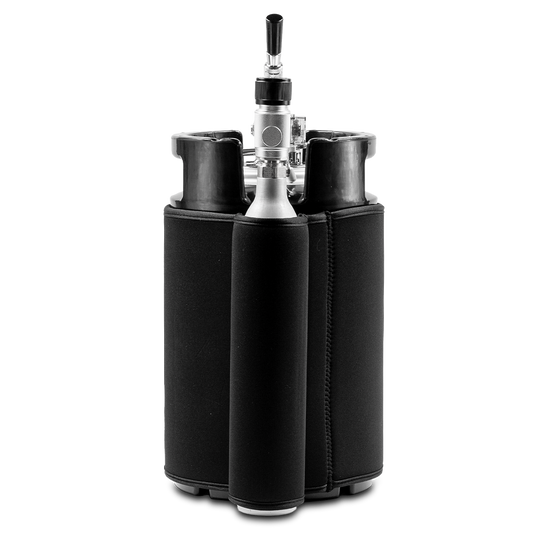 Backside of Big G 10L Gloria Keg showing regulator and co2 in pocket with a white background