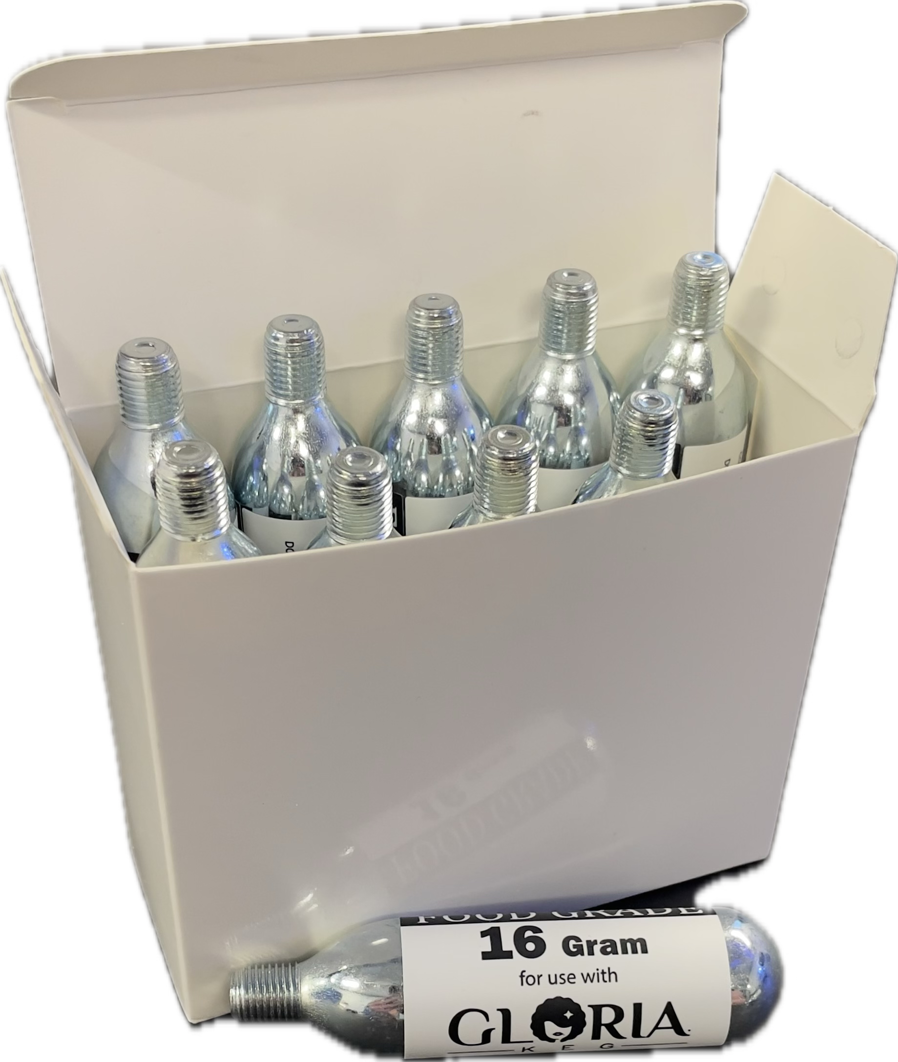 A pack of ten silver-colored 16-gram threaded CO2 cartridges placed in a white box for use with 7L Gloria Keg and 7L Gloria Rose