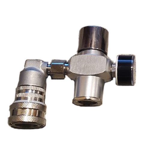 Regulator assembly for 16g co2 on 7L Gloria Keg with stainless steel quick connect ball lock, pressure gauge, and rotating dial.