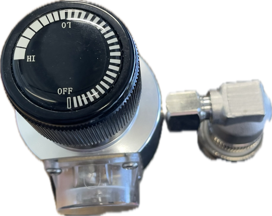 A regulator assembly showing rotating dial for pressure adjustment, intended for use with 500g co2 cylinders on 10L Big G Gloria Keg