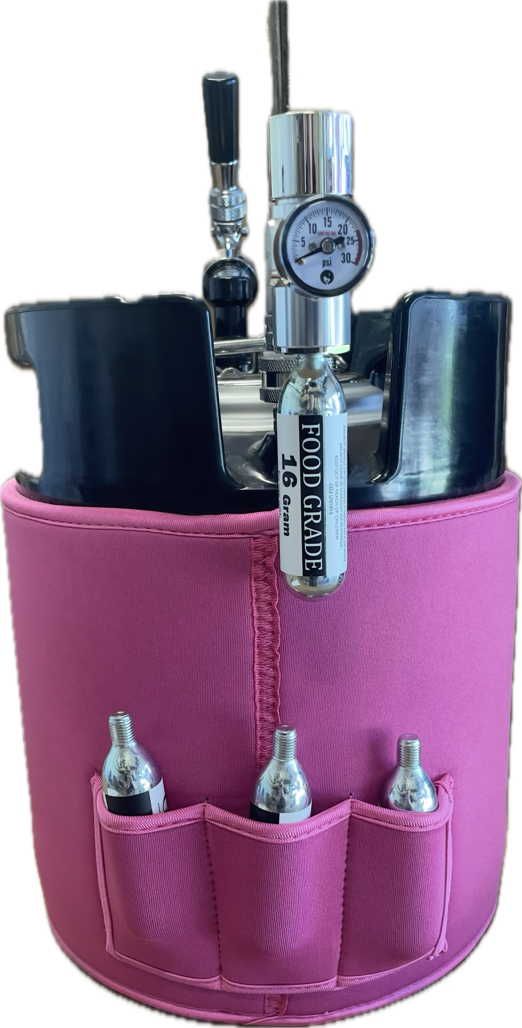 Backside of Pink 7L Gloria Keg with an insulated sleeve with 3 storage pockets for co2 cartridges and co2 regulator