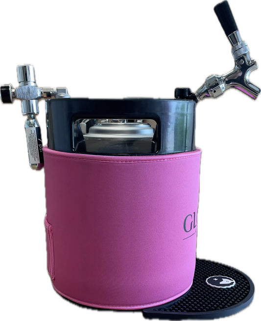 Pink 7L Gloria Keg with an insulated sleeve, a locking spout, and a drip mat.