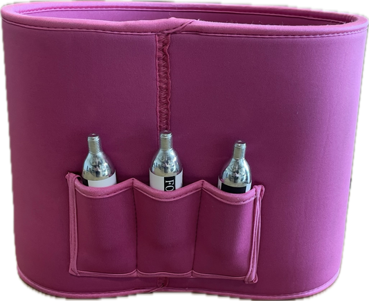 7L Gloria Keg pink neoprene sleeve back side showing 3 pockets for co2 cartridges