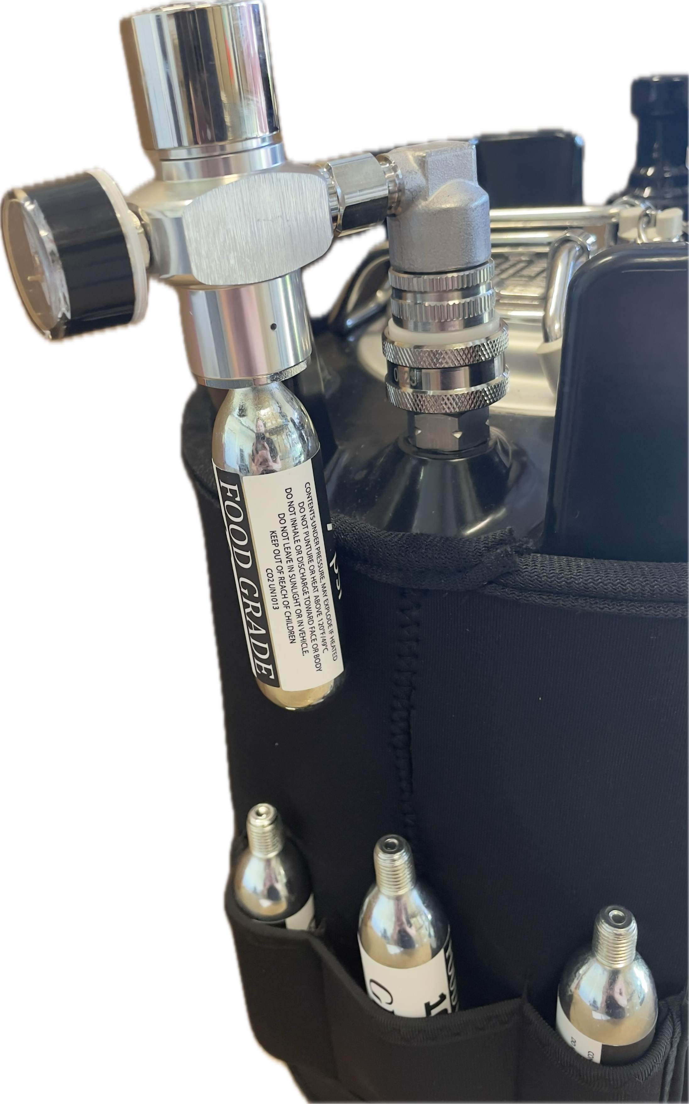 Regulator assembly for 16g co2 on 7L Gloria Keg with stainless steel quick connect ball lock, pressure gauge, and rotating dial shown attached to 7L Gloria Keg