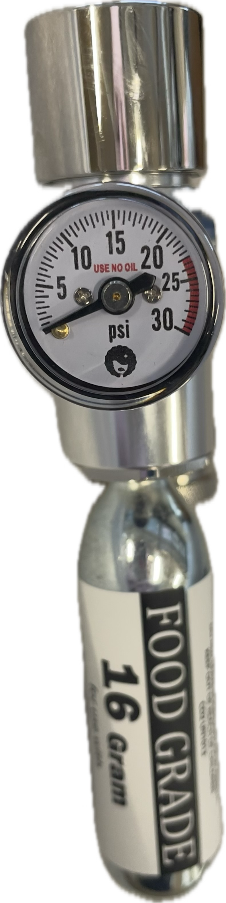 Regulator assembly for 16g co2 on 7L Gloria Keg showing pressure gauge and connected co2 cartridge