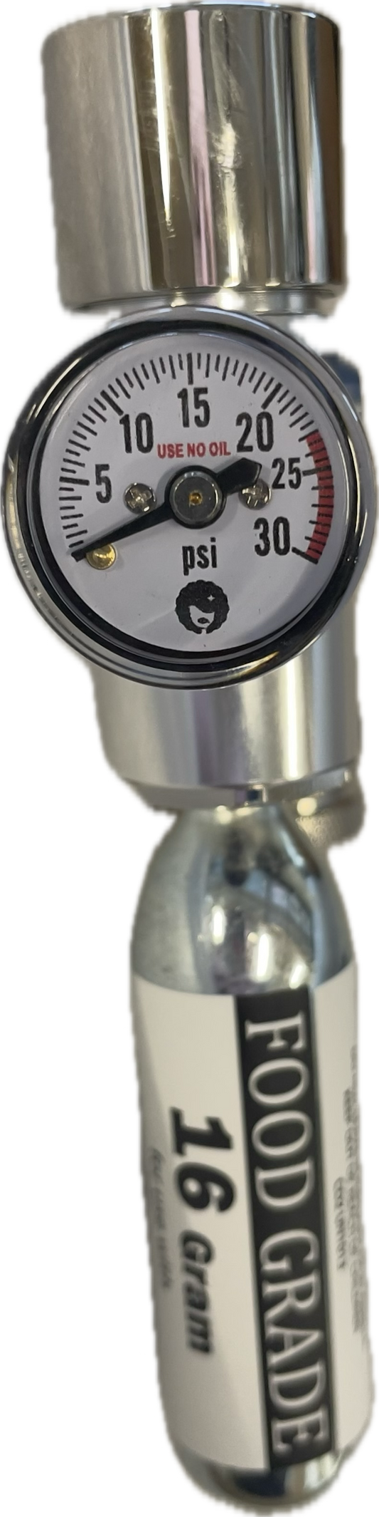 Regulator assembly for 16g co2 on 7L Gloria Keg showing pressure gauge and connected co2 cartridge