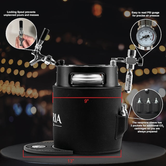 Black 7L Gloria Keg with pour spout assembly, co2 regulator, co2 storage pockets, and dimensions highlighted on a blurred background