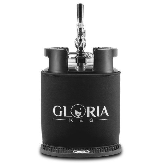 Black 7L Gloria Keg facing forward with a tap and drip mat on a white background