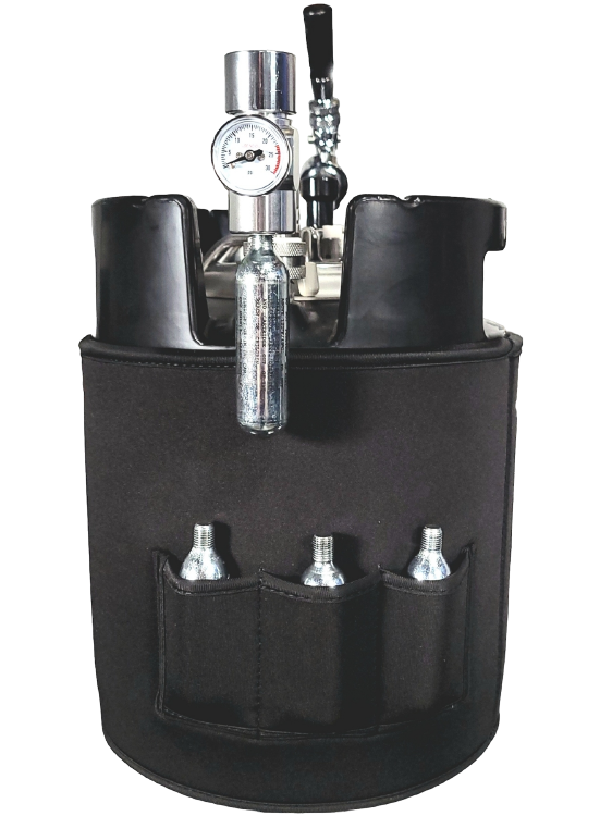 A pack of ten silver-colored 16-gram threaded CO2 cartridges placed in a white box for use with 7L Gloria Keg and 7L Gloria Rose shown in storage pockets of neoprene sleeve on 7L Gloria Keg