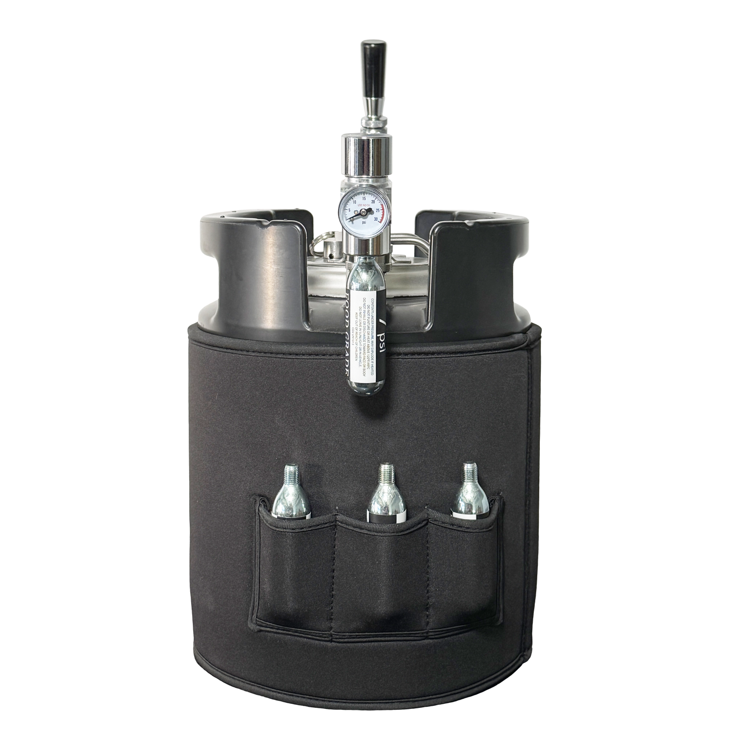 Backside of black 7L Gloria Keg with regulator, pressure gauge, and co2 cartridges in pockets on a white background