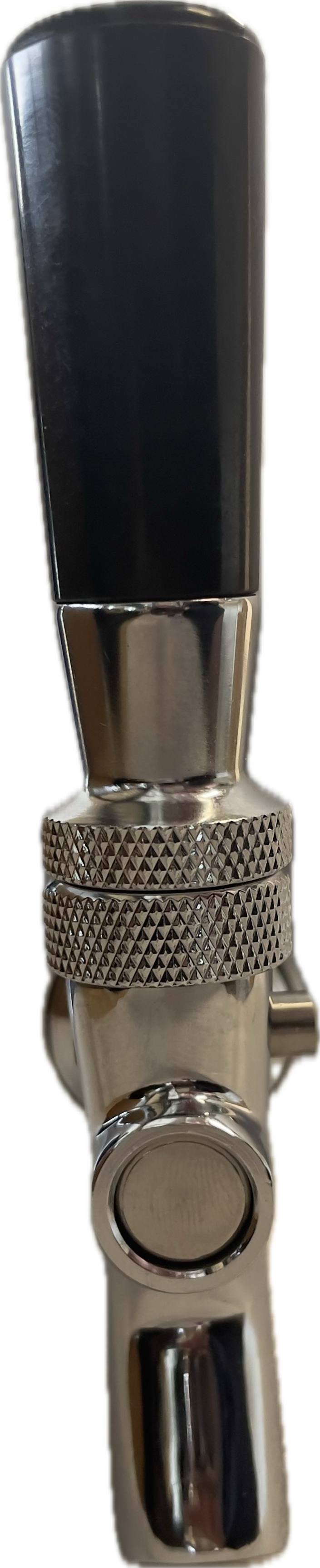 Pour spout Assembly side view for use with 7L Gloria Keg and 10L Big G Gloria front view showing locking pin