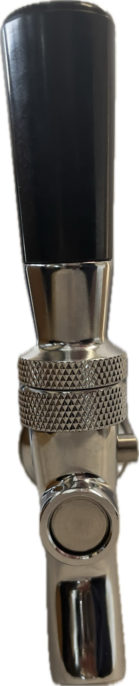 Pour spout Assembly side view for use with 7L Gloria Keg and 10L Big G Gloria front view showing locking pin