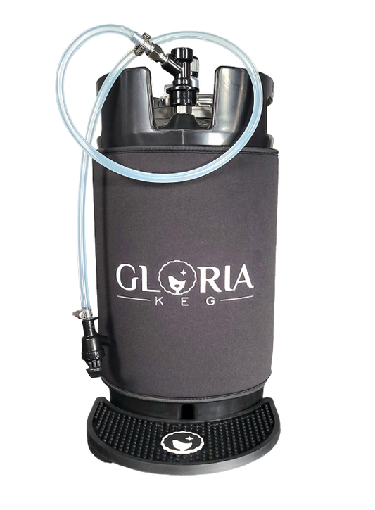 A picnic tap adapter with a clear flexible hose and black quick disconnect shown connected to 10L Big G Gloria