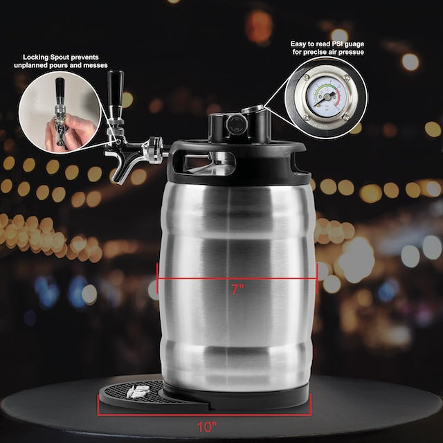 7L Gloria Rose brushed stainless steel with closeup details of pressure gauge and locking spout with dimensions on a blurred background