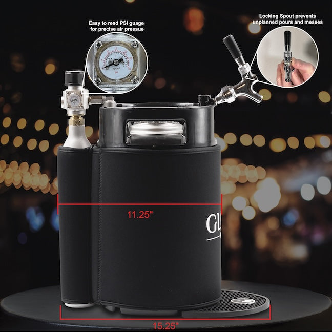 Big G 10L Gloria Keg sideview showing dimensions, regulator, co2 canister, and pour spout assembly on a blurred background