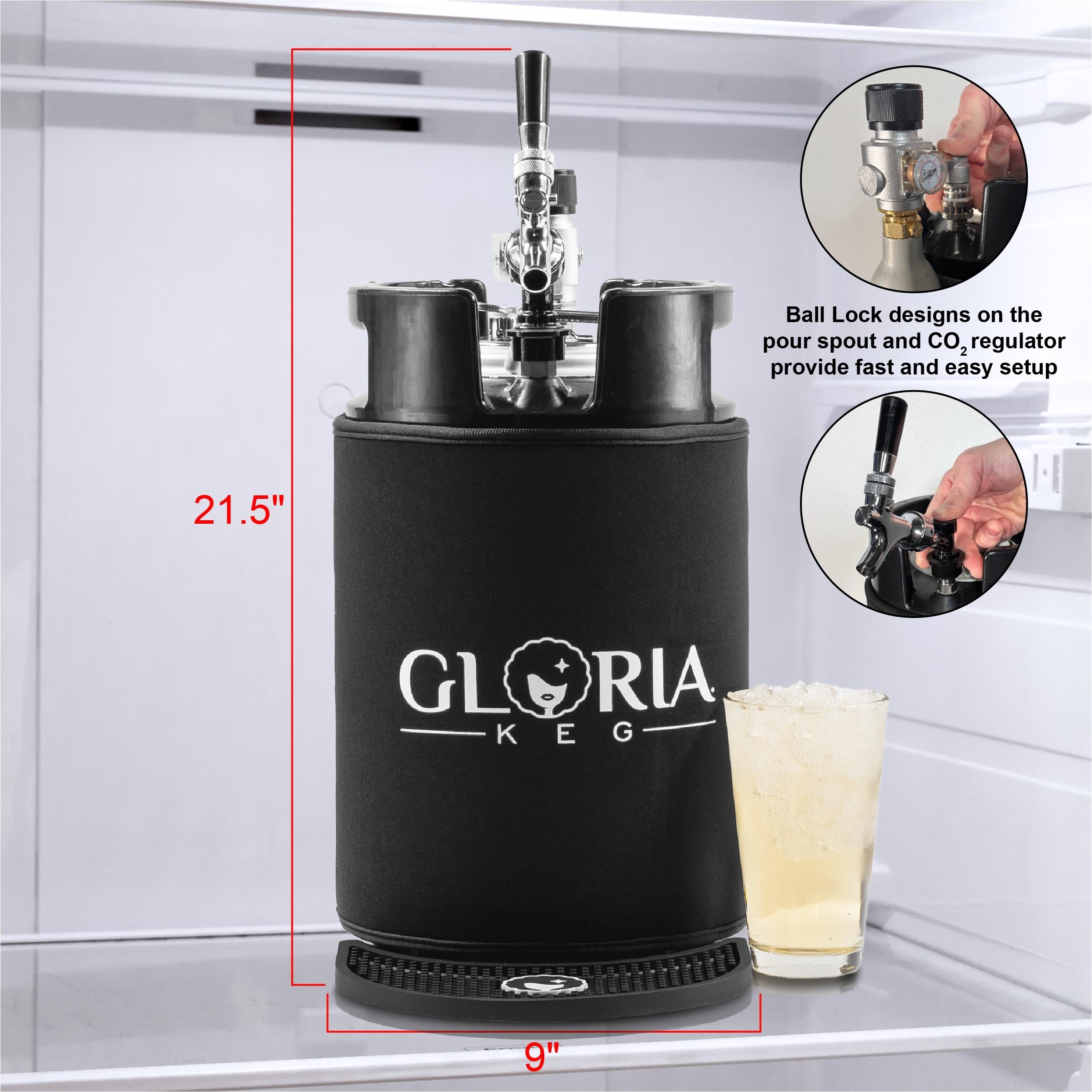 Big G 10L Gloria Keg with measurements and close-up details describing ball lock design in a refrigerator