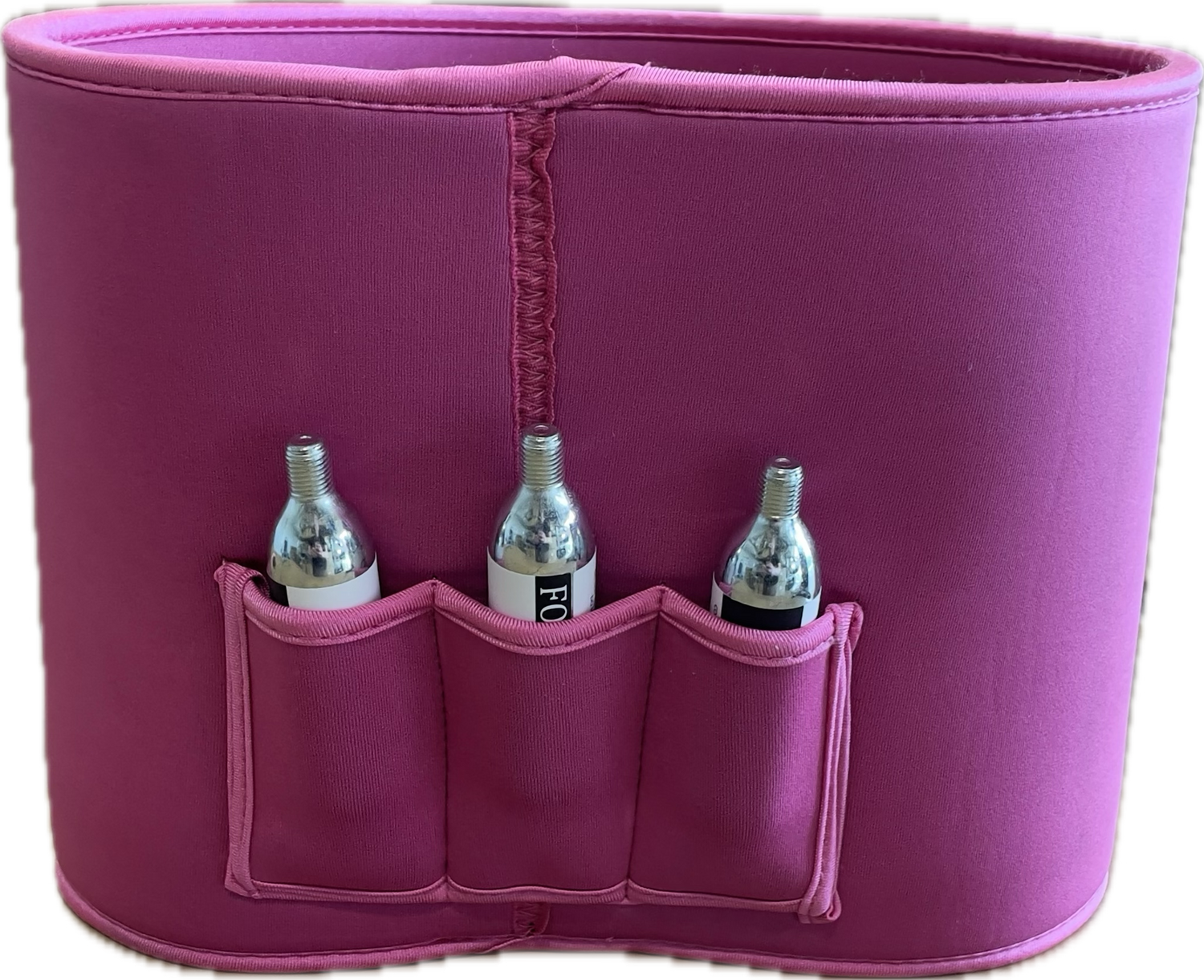 7L Gloria Keg pink neoprene sleeve back side showing 3 pockets for co2 cartridges