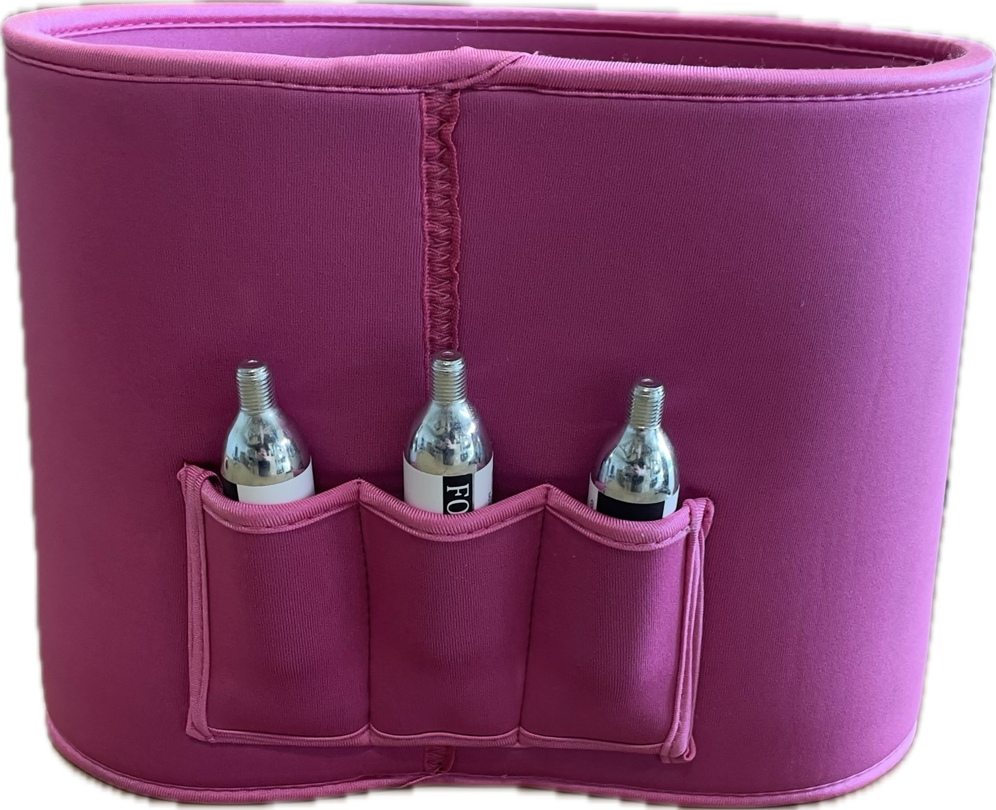 7L Gloria Keg pink neoprene sleeve back side showing 3 pockets for co2 cartridges