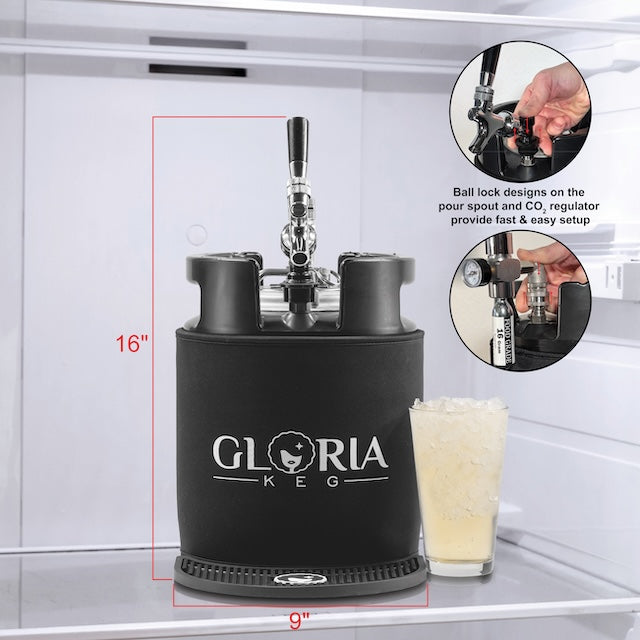 Black 7L Gloria Keg with measurements demonstrating the ball lock system and an iced beverage in a refrigerator 