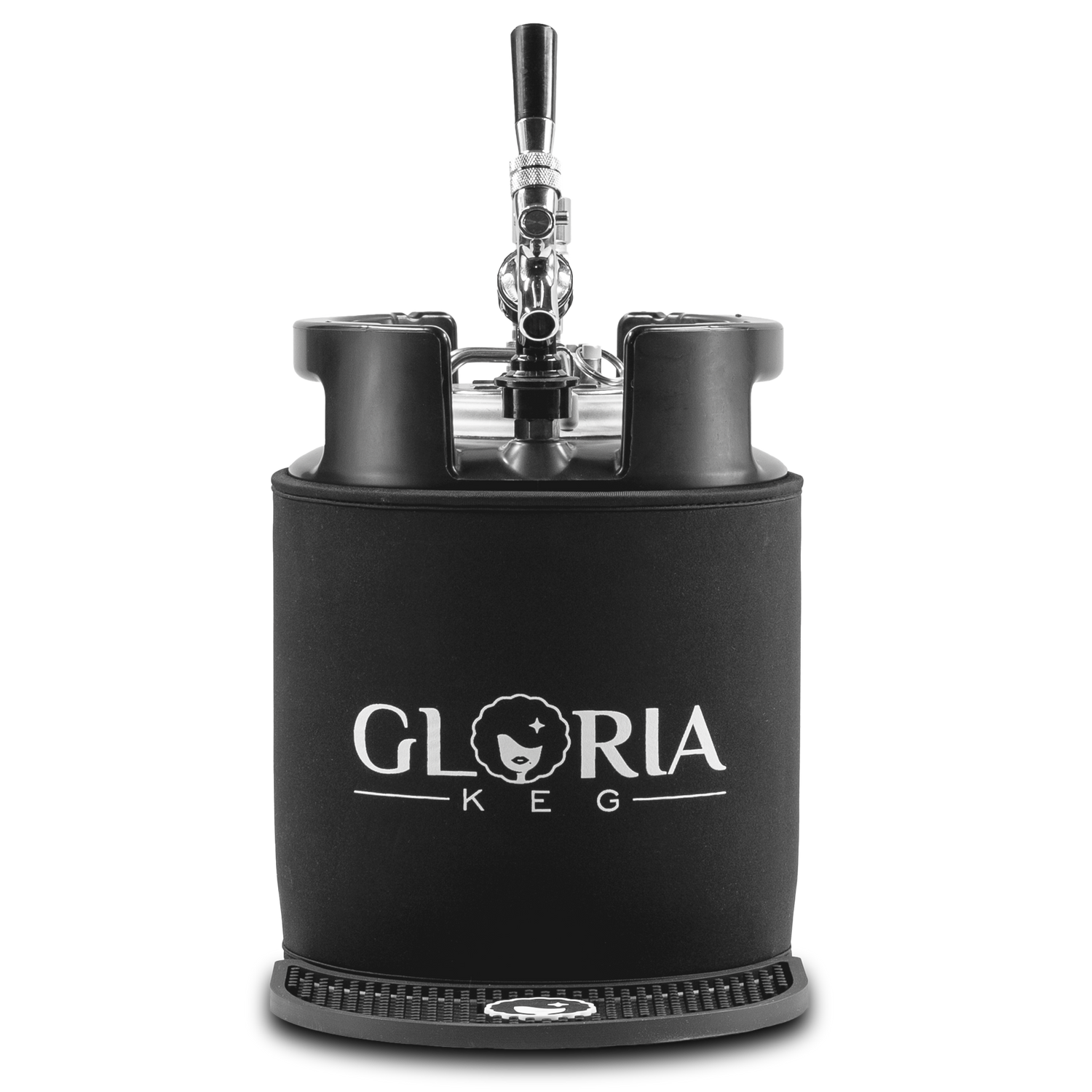 Black 7L Gloria Keg facing forward with a tap and drip mat on a white background