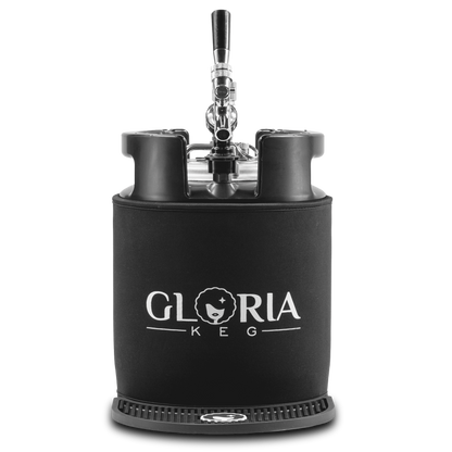 Black 7L Gloria Keg facing forward with a tap and drip mat on a white background