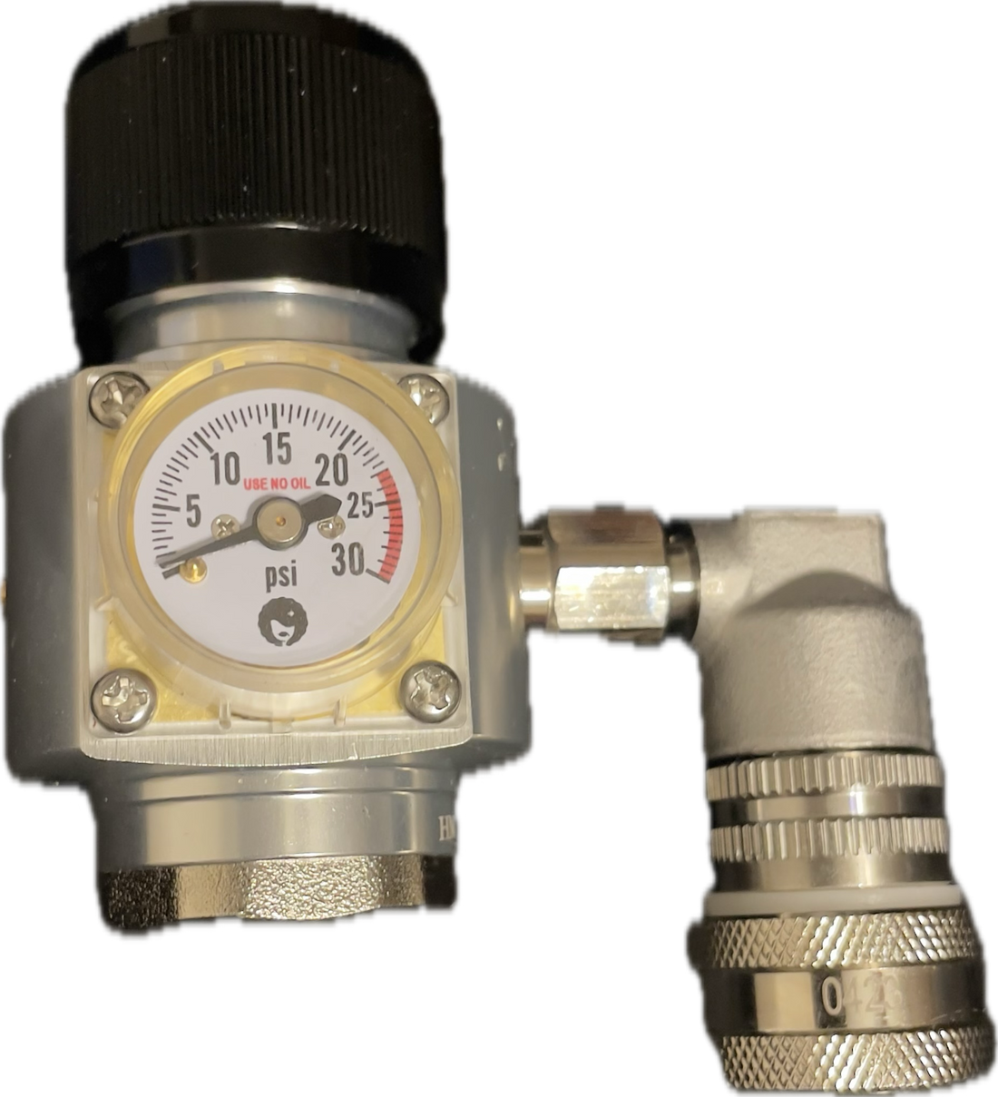 A regulator assembly with a pressure gauge, stainless steel quick connect ball lock, and rotating dial for pressure adjustment, intended for use with 500g co2 cylinders on 10L Big G Gloria Keg