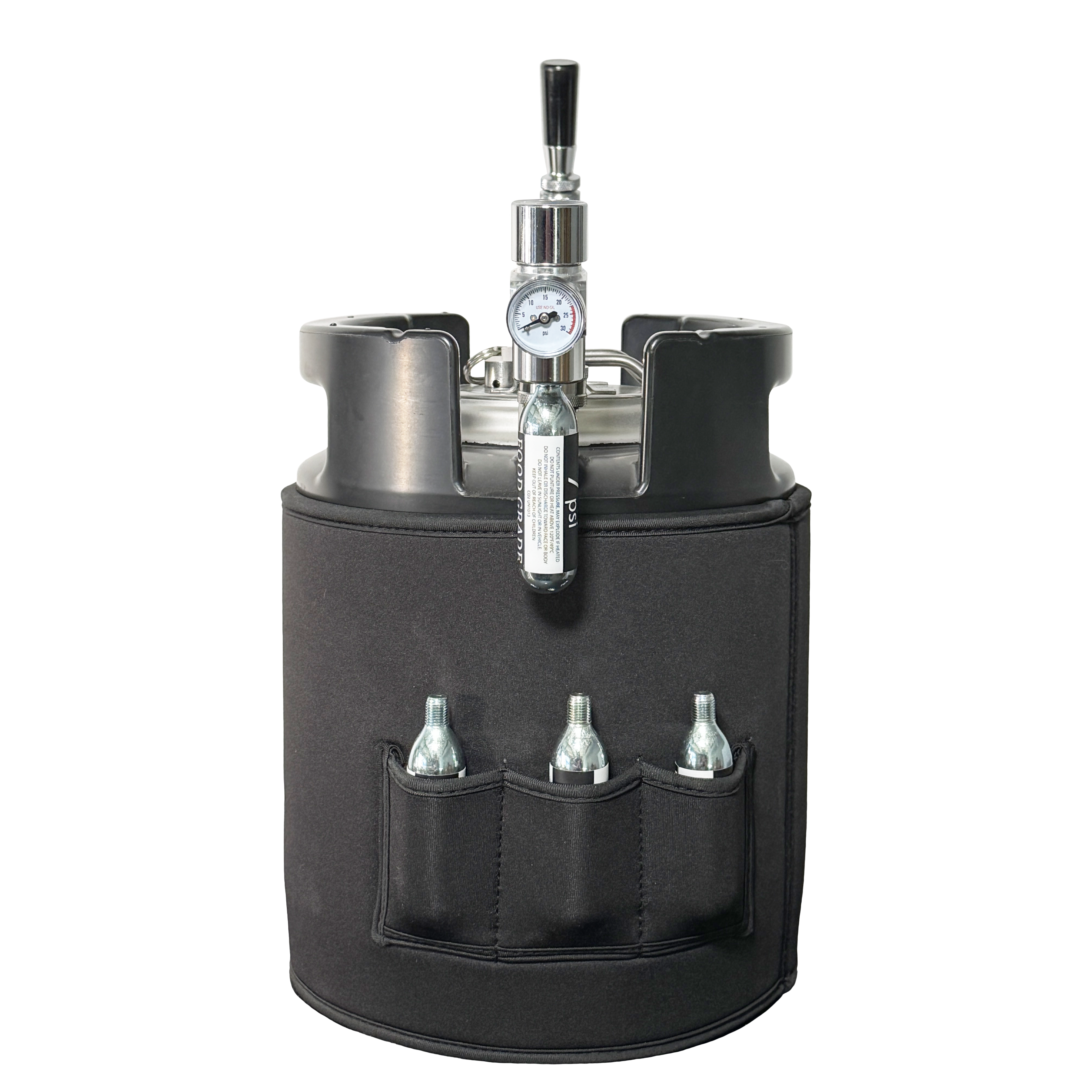 Backside of black 7L Gloria Keg with regulator, pressure gauge, and co2 cartridges in pockets on a white background