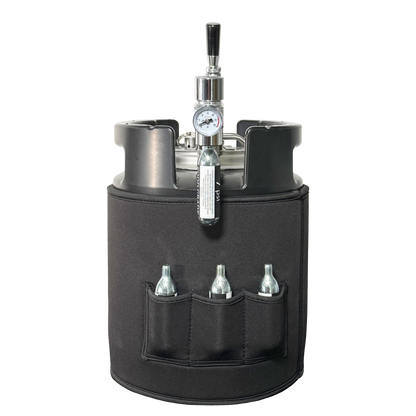Backside of black 7L Gloria Keg with regulator, pressure gauge, and co2 cartridges in pockets on a white background