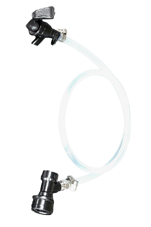 A picnic tap adapter with a clear flexible hose and black quick disconnect.