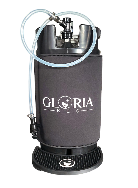 A picnic tap adapter with a clear flexible hose and black quick disconnect shown connected to 10L Big G Gloria