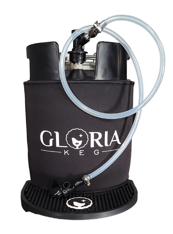 A picnic tap adapter with a clear flexible hose and black quick disconnect shown connected to 7L Gloria Keg