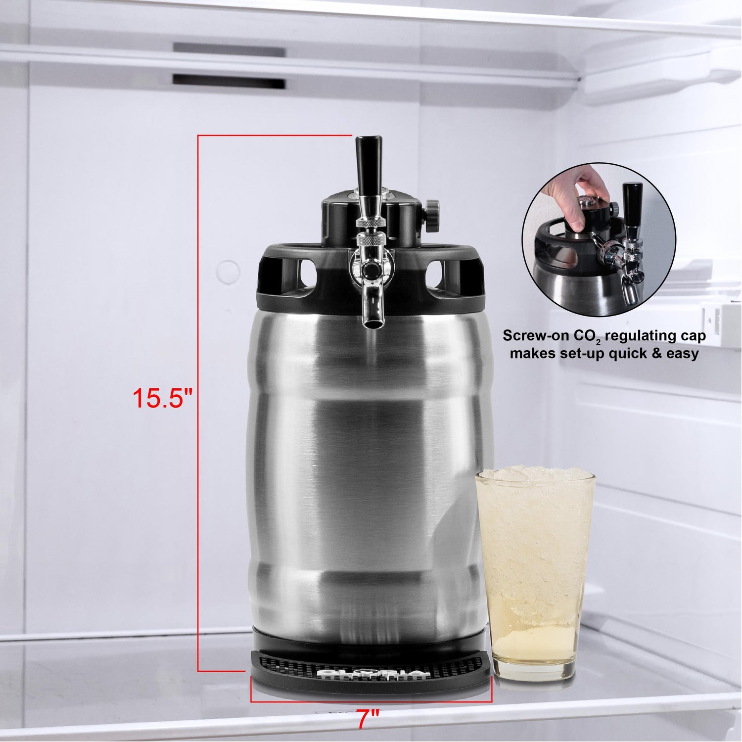 7L Gloria Rose brushed stainless steel with co2 regulating cap, iced beverage, and dimensions in a refrigerator