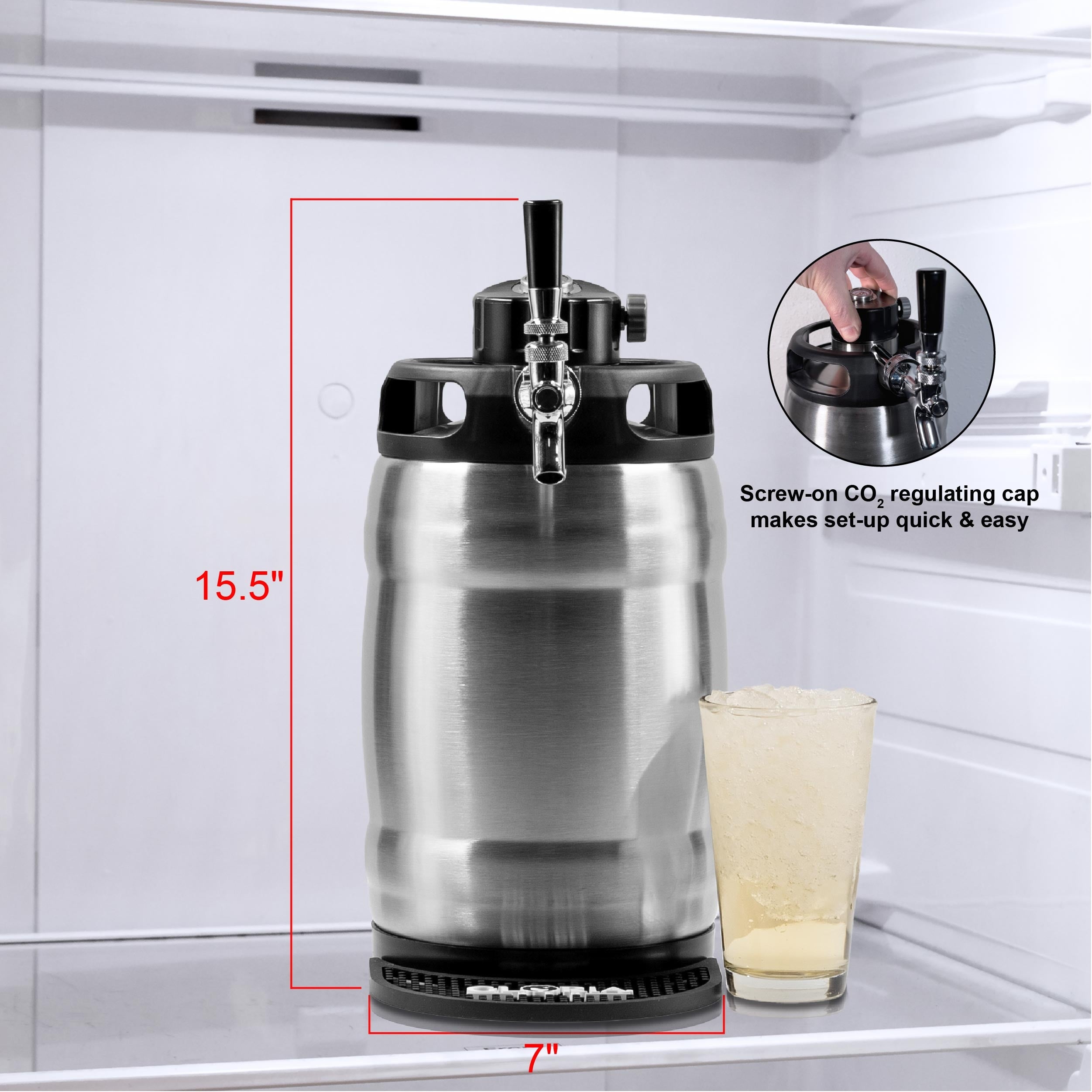 7L Gloria Rose brushed stainless steel with co2 regulating cap, iced beverage, and dimensions in a refrigerator