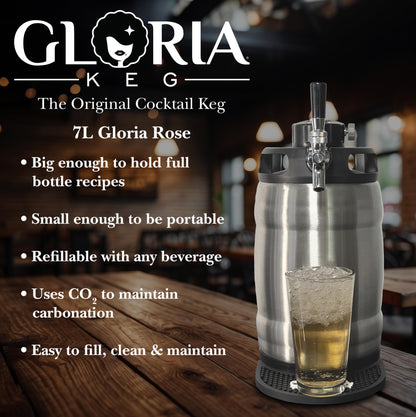 7L Gloria Rose with an iced beverage on a wooden table, featuring the brand's name and key features.